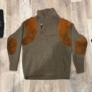 Men's Olive Green Turtleneck Sweater with Brown Suede Patches